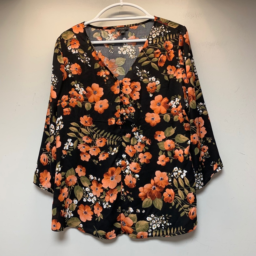Ann Taylor Factory Blouse Womens Large Black Orange Floral Excellent V-Neck 3/4